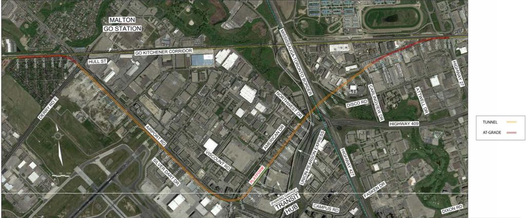 Figure 8-7: Kitchener GO RER Corridor, Potential Bend Alignment The GTAA has undertaken a pre-feasibility review of options for linking the Kitchener GO RER corridor to Toronto Pearson.