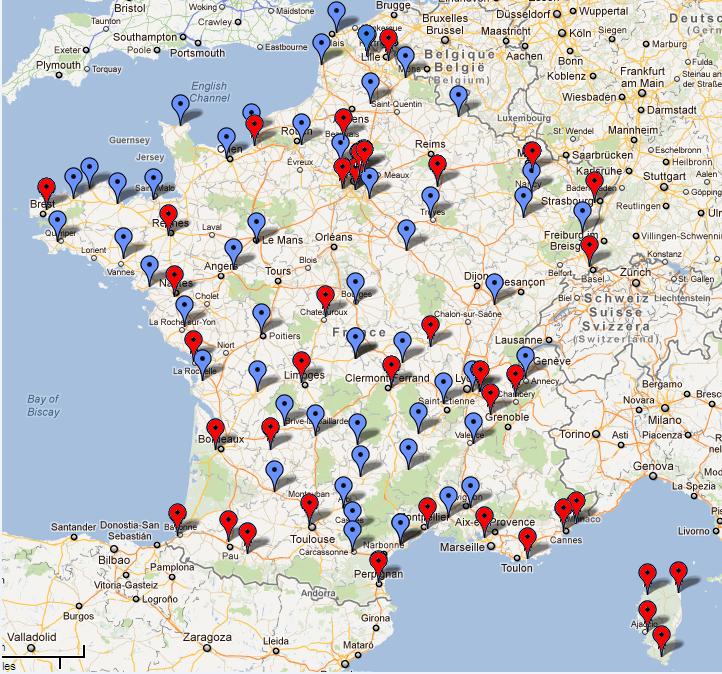 ILS CAT I rationalisation plan Red: 2016 Airports with ILS reduced network maintained by DSNA Blue: Airports where the existing ILS Cat I is