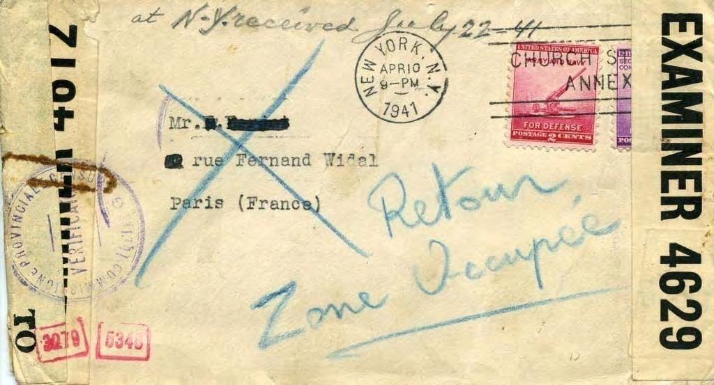 Mail to France 1940-1941: The Four Censors Front: Returned surface mail to