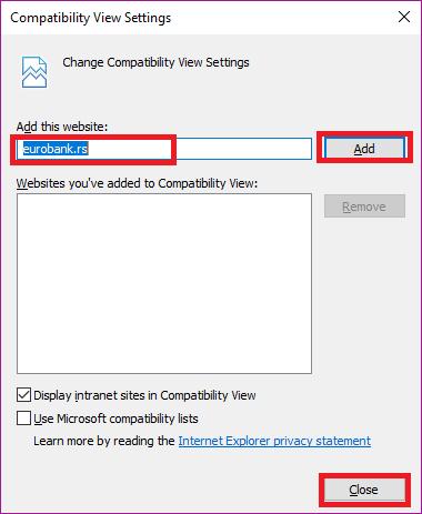 opciju Compatibility View settings.