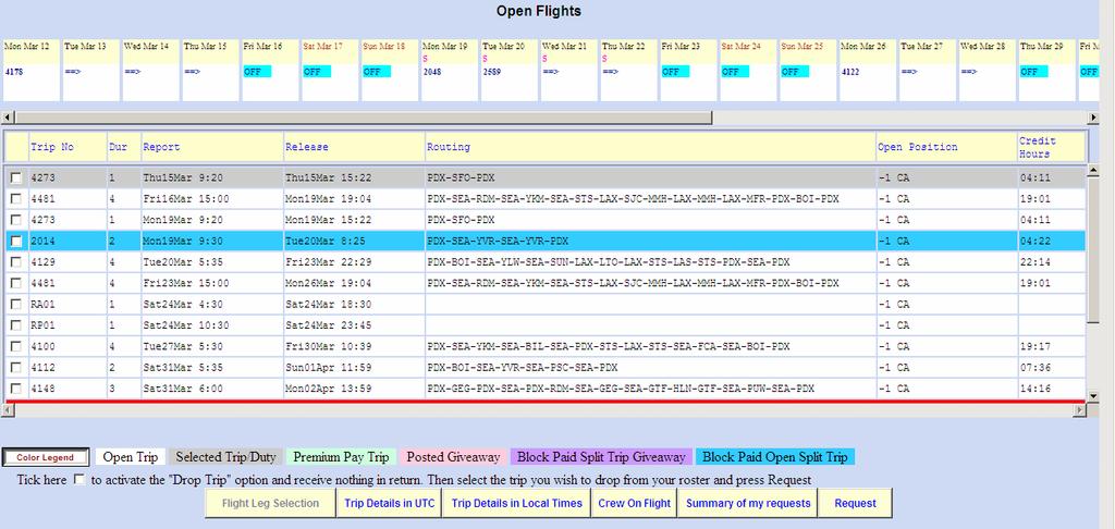 Split-Trip Drops listed in Open Flight Bidding List Trips which are built and placed into open time from SPLIT-TRIP Drops will show up in the open time list with Blue