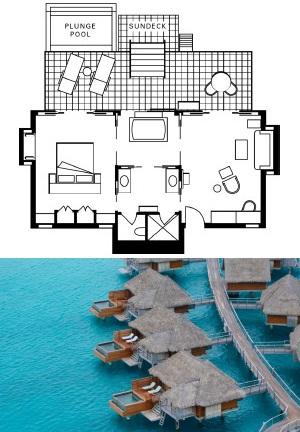 Bed Configuration: 1 King size bed + 1 Double sofa bed More Info: Surface 100m²: interior 67m² + exterior 33m² Overwater Bungalow & Plunge Pool One-bedroom Lagoon View Over-Water Bungalows with