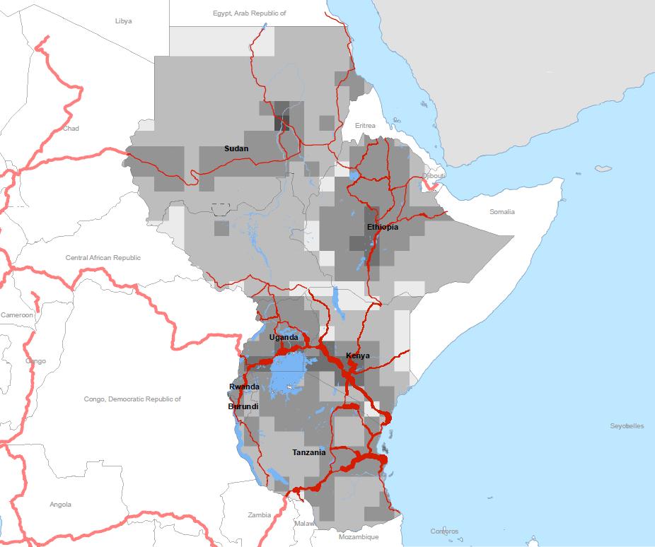 b. Traffic volumes South Sudan Note: Background shows GDP per 100 square kilometers on grey scale.