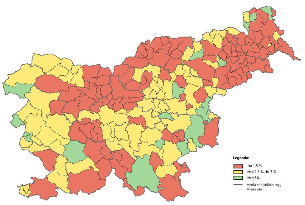 Zemljevid 5: Delež oseb, starih 65 let in več, ki prejemajo pomoč na domu po slovenskih občinah (v %) Podrobnejše podatke prikazujemo v Prilogi A, kjer so navedeni podatki o populaciji oseb starih 65