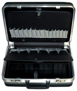 In the upper removable tray tools can be arranged on both sides in 15 pockets on the front side and 6 pockets on the back side including a partition for documents.