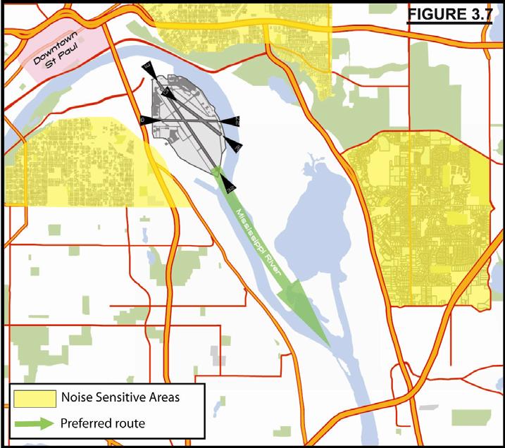 3.8 During non-tower hours, when departing Runway 14, aircraft shall follow the preferred noise abatement route (Mississippi River) whenever possible and avoid noise sensitive residential areas (see