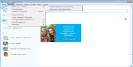 Za dodavanje novih kontakata na Skype koristi se rubrika Contacts u glavnom izborniku.