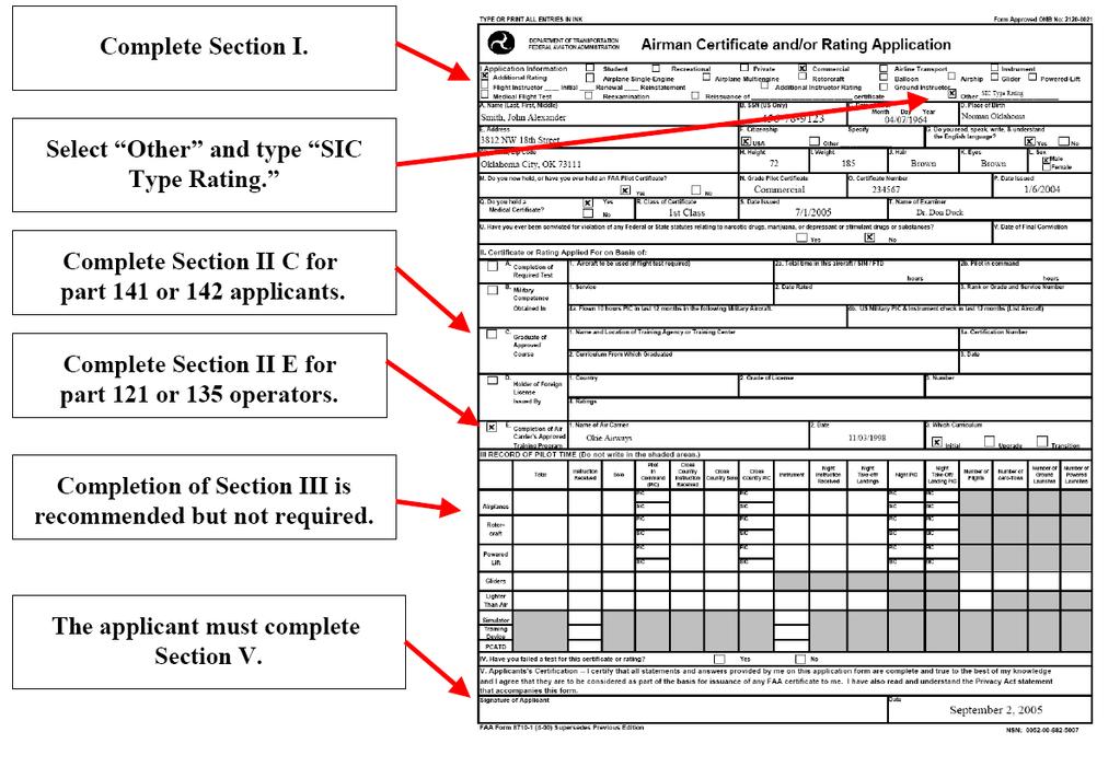 Figure 7-26, Sample SIC Pilot Type Rating Application This is a sample of a completed FAA Form