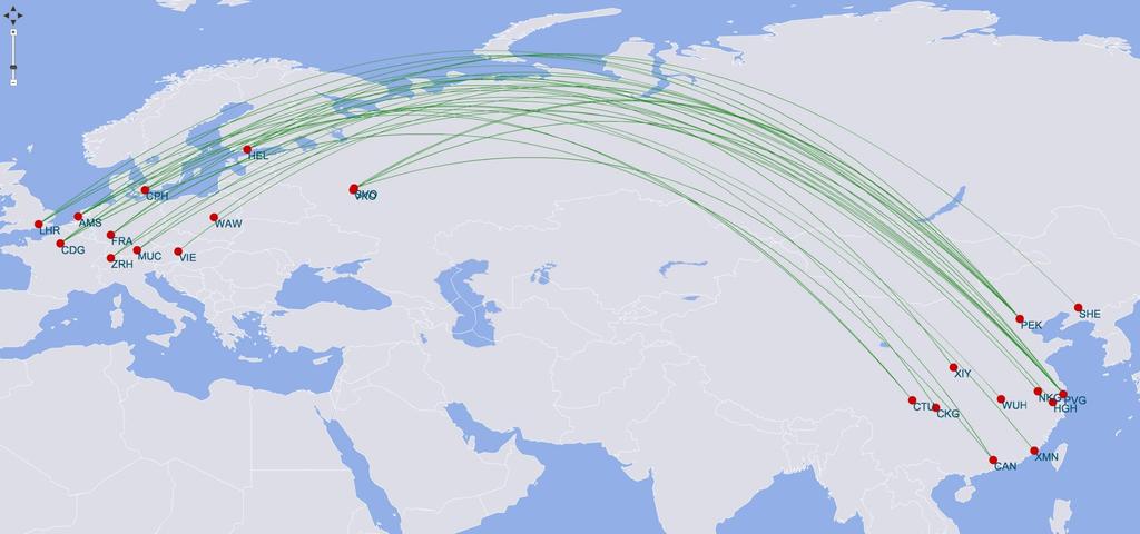 Europe-China Routes Operated by European Airlines in 2014:32 Routes Origin: Amsterdam (5), Paris (4), Frankfurt (4), Moscow (4), Heathrow (3), Helsinki (4), Munich (2), Zurich (2),