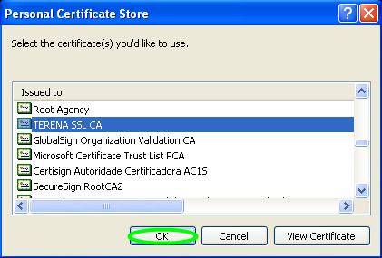 Zatim, u Personal Certificate Store prozoru pronaći TERENA SSL CA sertifikat, označiti ga i
