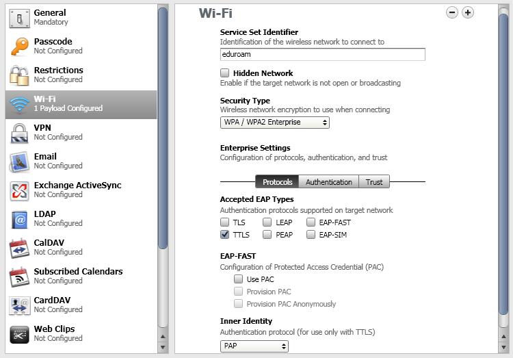 U WiFi prozoru u polju Service Set Identifier upisati eduroam (bitno je da sva slova budu mala!).