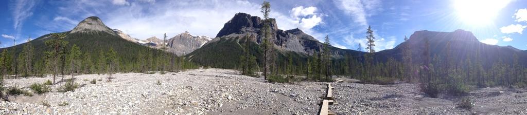 Panorama looking up-trail once on the Yoho Pass Trail, with Emerald