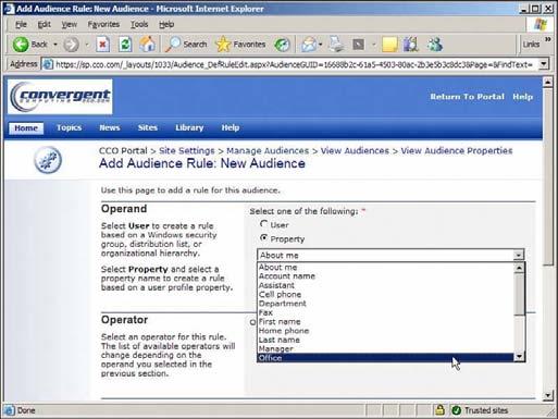 Administrator sajta SharePoint Portal Servera 2003 može kreirati publiku na osnovu uključivanja ili isključivanja informacija iz profila korisnika (ured, ime, broj telefona, organizaciona jedinica,...).