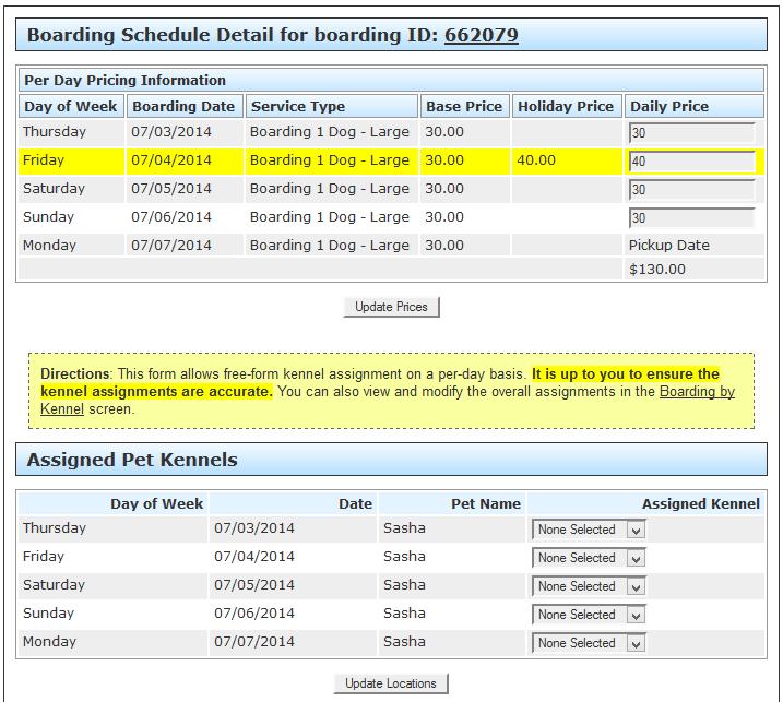 The Boarding Schedule Detail screen allows you to view and update the boarding prices on a day-by-day basis.