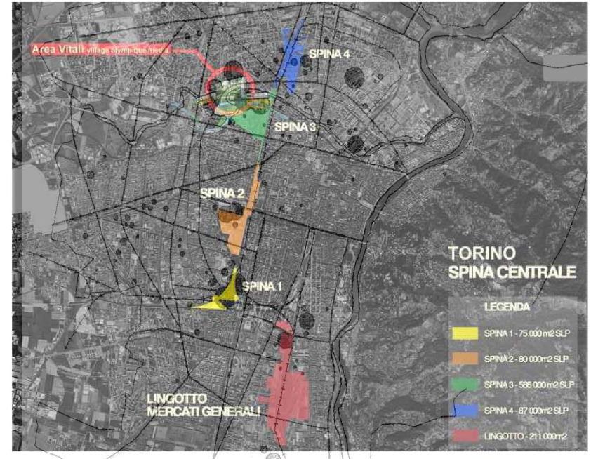 Slika 2: Spina centrale (Torino 2009) : od 1993-1160 ha (bivše industrijsko območje ob železniški