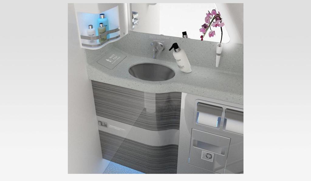 Lavatory features Blue LED lit Bottle rack New LED back lit mirror New lower amenity compartment Engraved waste flap Stainless steel basin Wood effect vanity door New flower