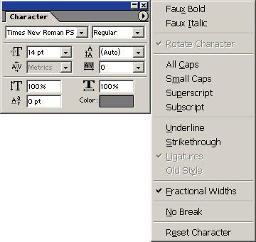 Paleta Character Character paleta omogućava da zadajetemeđuslovna rastojanja i da pomjerate osnovnu liniju teksta a a nudi i kontrolne elemente za izbor fonta, stila, boje i veličine, koji se nalaze