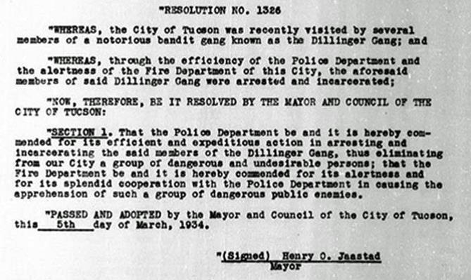 The City of Tucson passed a resolution on March 5, 1934 that honored the