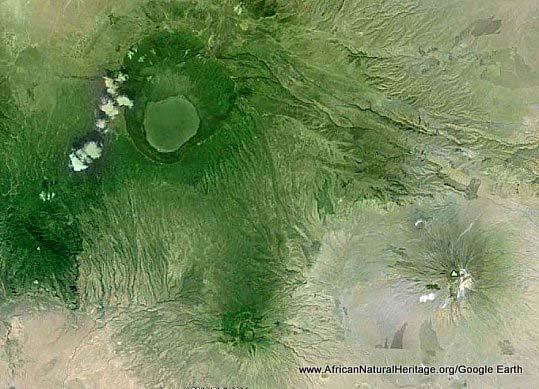 Satellite image of the eastern part of Ngorongoro Conservation Area showing the perfect cone of lake-filled