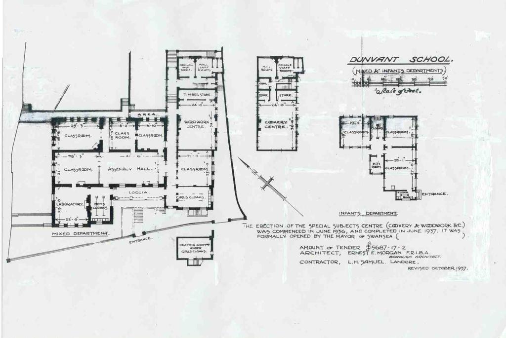 Left hand side: Ground plan of school with addition on right Centre: Upstairs over the addition Right hand side: Plan of Infants school.