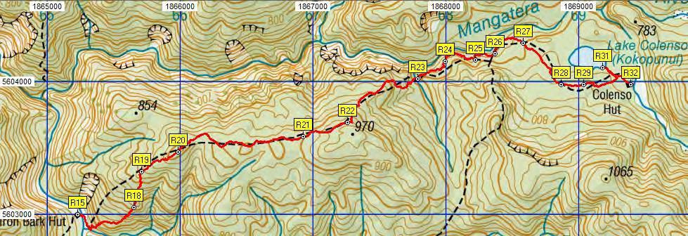 Map and Google Image with GPS Data for Day 2 Waypoints NZ Grid Distance and Altitude Data Altitude range 426 m Overall ascent 550 m Overall
