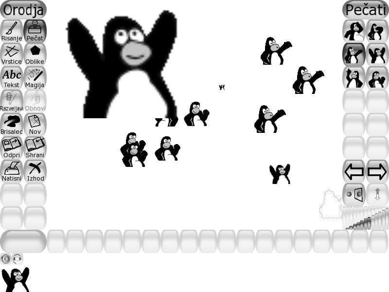 Pečat Če kliknemo na ikono Pečat, se nam na desni strani ponudi možnost izbire pečatov- pingvinov. V spodnjem desnem kotu lahko naravnamo pečatnik po velikosti.