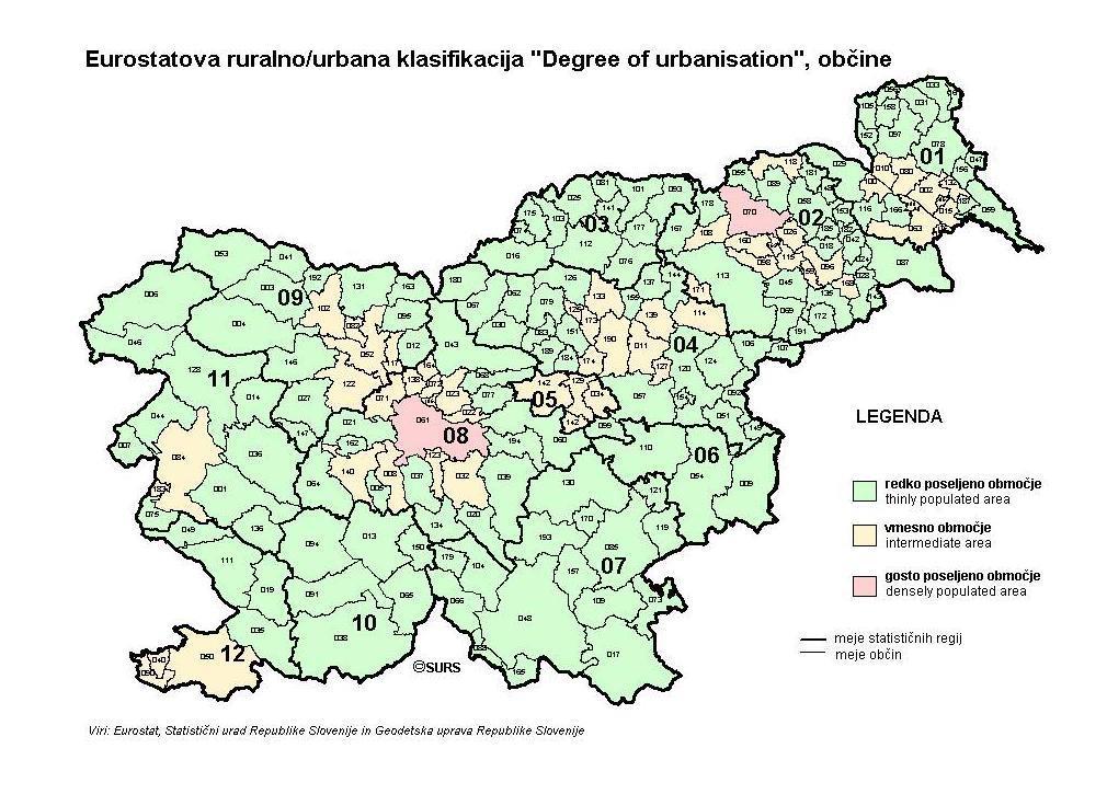 Slika 4: Prikaz strukture podeželskih in urbanih območij v Sloveniji Vir: Eurostat Razvoj in zmanjšanje razlik pa je možno doseči tudi prek uporabe pristopa Lokalni razvoj, ki ga vodi skupnost (CLLD).