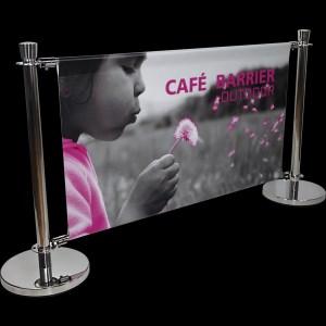 SIGNS CAFE BARRIER INDOOR/OUTDOOR BANNER STAND SYSTEM The Cafe Barrier is an indoor/outdoor modular display system includes heavy-duty stainless steel posts, base and 59" rails.
