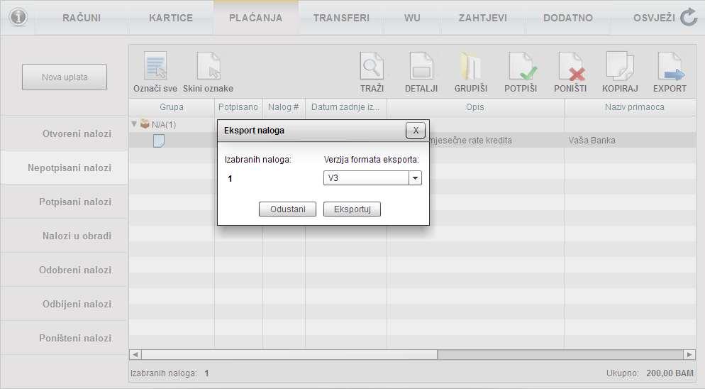 eksport naloga, izbor verzije formata eksporta Primjer : import naloga Na slici je prikazana Elba aplikacija, i to maska koja prikazuje sve korisnikove naloge (UPP i PPI).