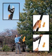 Fiskars Telescopic 12' Chain Drive Pole Pruner sleek head design fits into tight spots without tangling smooth operating chain drive mechanism gives better cutting leverage 3 x more cutting power