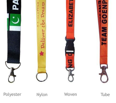 Lanyard Materials Polyester is the perfect combination of low cost and high quality. Nylon printed lanyards are tough, but very smooth. Woven lanyards start as a regular polyester lanyard.