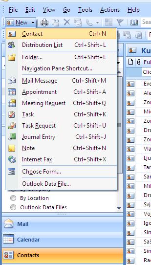 Adresar u programu Microsoft Outlook Adresar u programu Microsoft Outlook se koristi kao lista kontakata, i može se nadi pod dijelom Contacts.