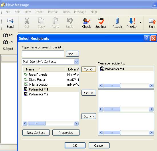 Slanje e-mail poruke svim članovima grupe u Outlook Express-u (distributivne liste) se vrši na sljededi način: Pokrenite kreiranje nove poruke (Create Mail) Kliknite na polje To: Izaberite određenu