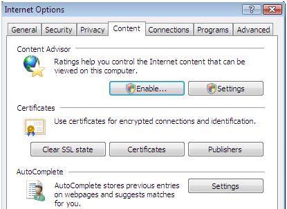 Slika 7-22 Podešavanje kontrole sadržaja u Internet Exploreru U polju Content Advisor potrebno omoguditi servis Roditeljske kontrole (na dugme Enable.