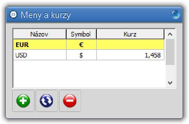 Valute i kurs Valute i kurs Ovde možete zabeležiti sve valute koje želite da koristite u programu (inicijalna valuta je u tabeli obeležena crvenim tekstom).