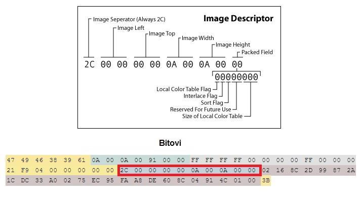 2.6 Opis slike Idući blok je blok opisa slike (eng. image descriptor). Ovaj blok detaljno prikazuje Slika 7., a sastoji se od točno 10 bajtova.