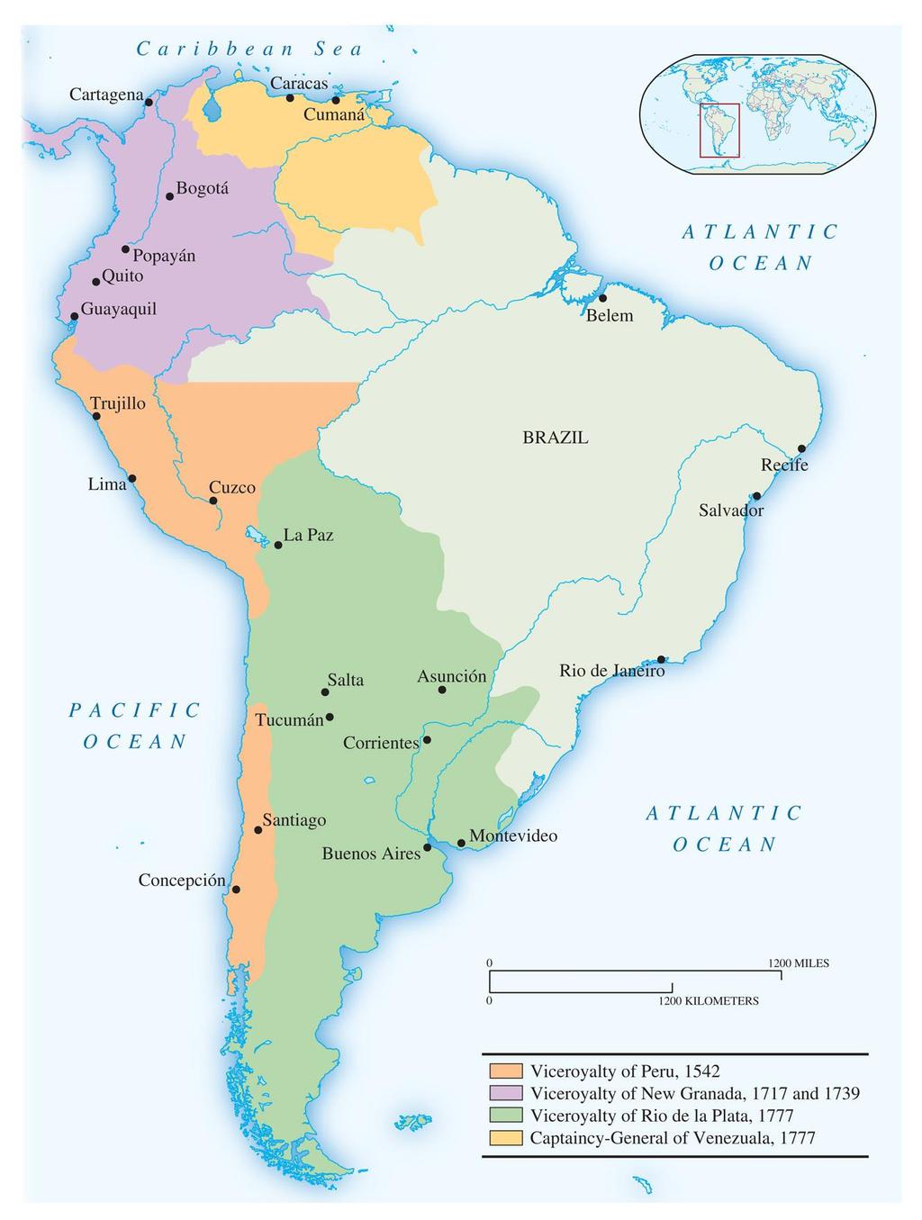 Map 19.3 Spanish and Portuguese South America around 1800 Bourbon reforms created new viceroyalties in order to improve defense, taxation, and administration.
