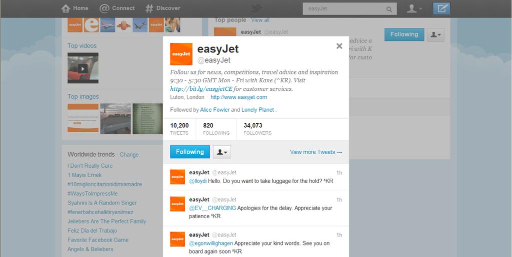 Appendix 10 Screenshot from the Twitter profile of easyjet, showing their number of