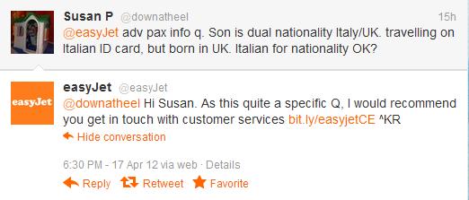 Appendix 11 Screenshot of the easyjet Twitter profile, showing a customer asking a question, and