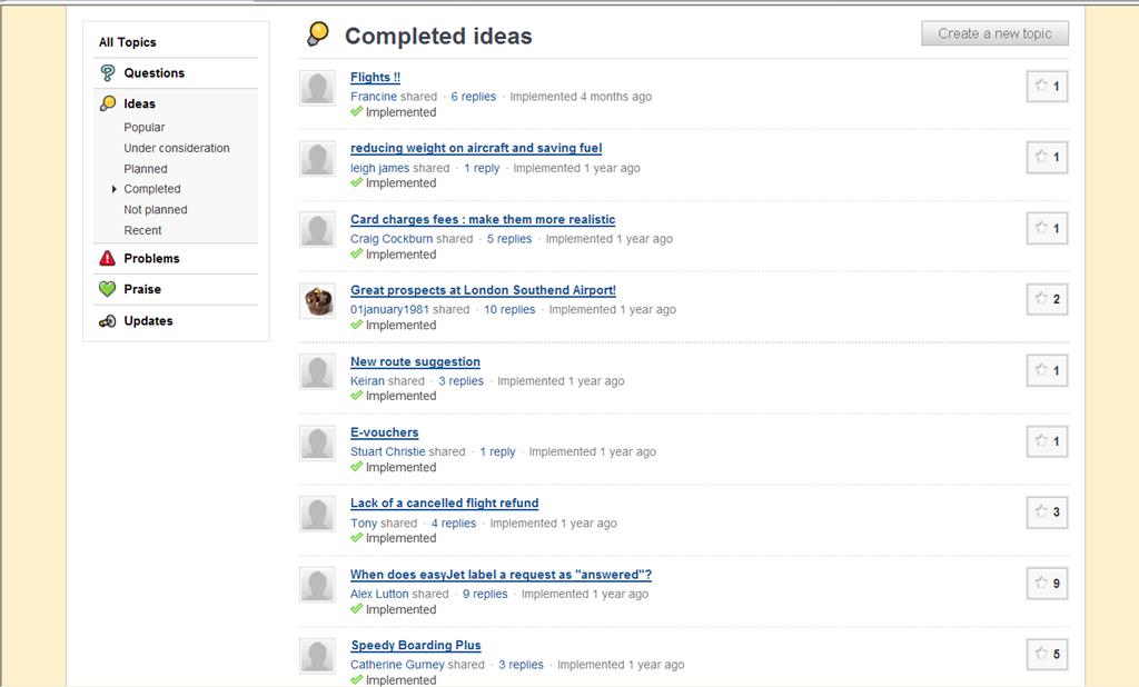 Appendix 18 Screenshot of the easyjet community, showing how ideas are commented upon and some of