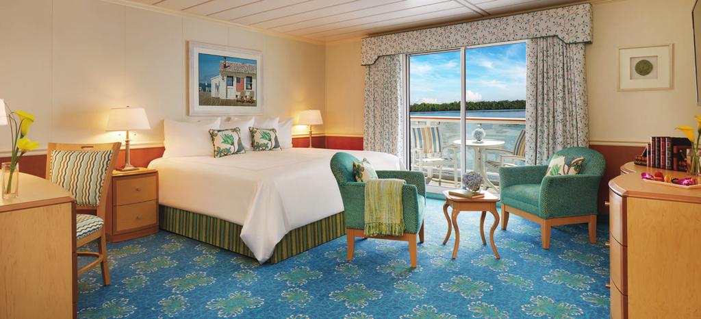 With interior entrances, staterooms offer maximum privacy and provide guests unobstructed views through floor-to-ceiling, sliding-glass balcony doors.
