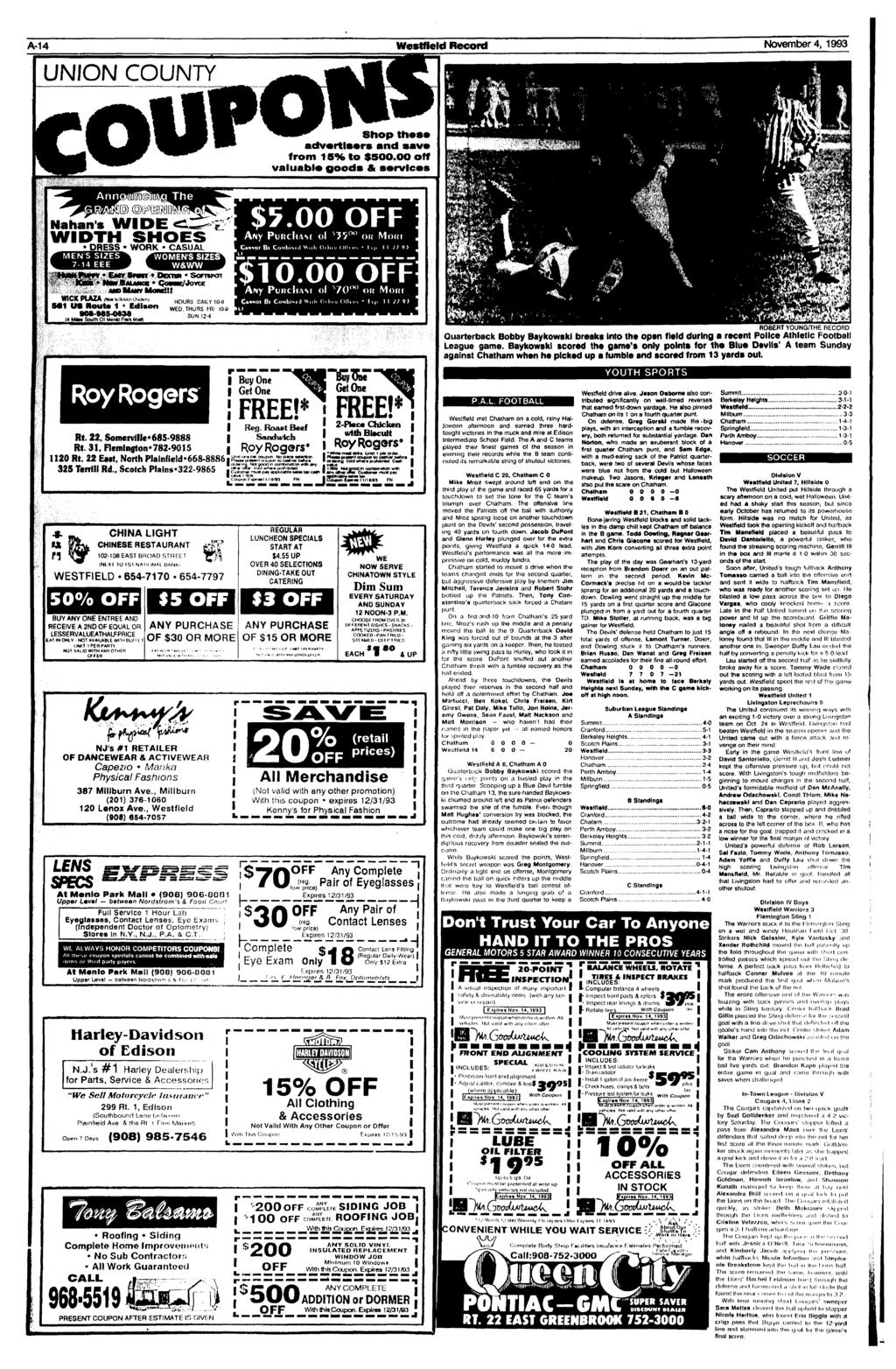 A-14 Westfleld Record November 4, 1993 UNION COUNTY Shop thest) advertisers and save from 15% to $500.00 off valuable goods & services Nahan's WIDE WIDTH SHOES $5.