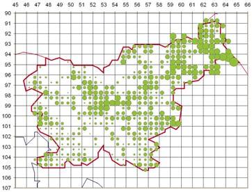 1 2 3 4 5 6 7 1: Delež pojavljanja rastlinskih invazivk od skupne flore kvadranta (iz podatkovne baze CKFF Flora Slovenije): opazimo precejšnjo gostoto invazivk vzdolž velikih rek, kjer so hkrati