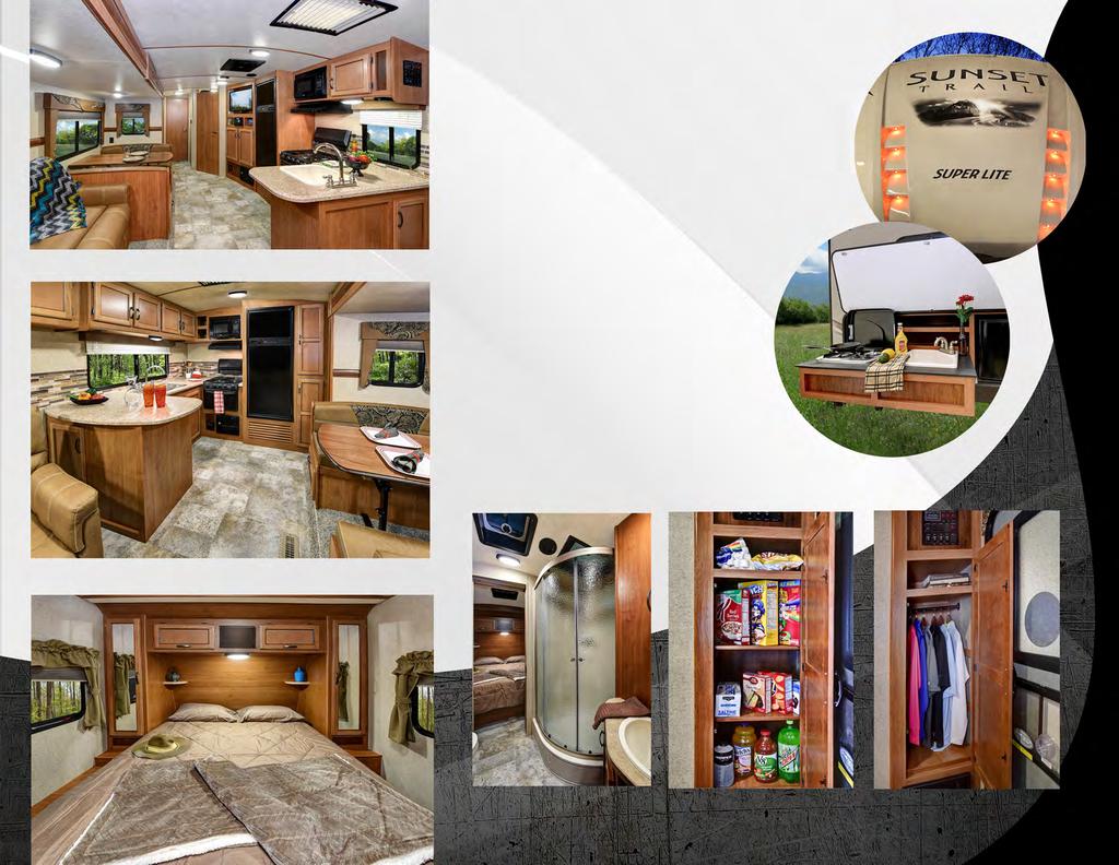 Sunset Super Lite Travel Trailer 0RL Kitchen and Dinette Booth Enjoy camping with the All Inclusive features built in every Super Lite & Grand Reserve: 8 cu ft refrigerator, 15,000 btu AC, 32 LED TV,