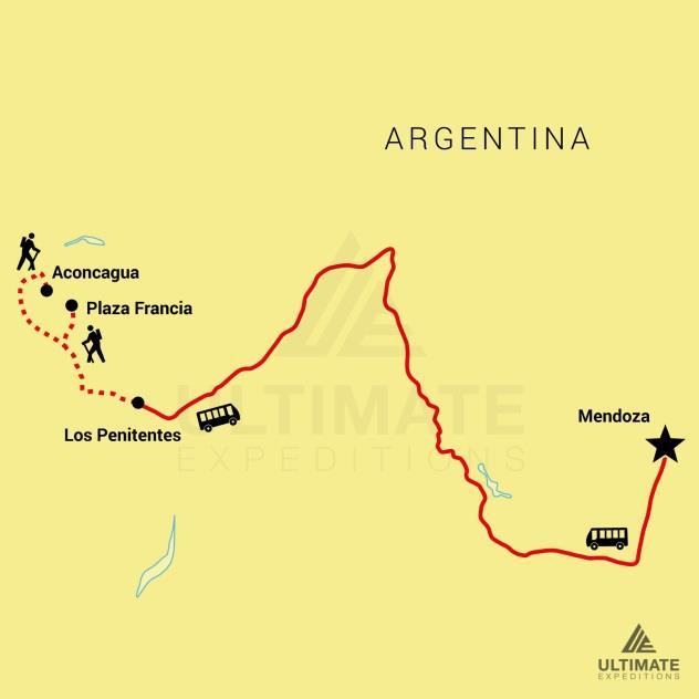 19 DAY ACONCAGUA CLIMB Itinerary DAY 1 Arrive Mendoza Elevation (ft): 2,493 ft Upon arriving in Mendoza, Argentina our tour operator will meet you at the airport and transfer you to your hotel.