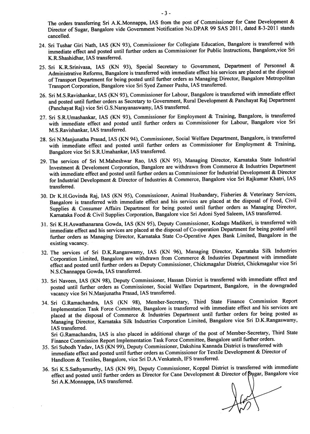 The orders transferring Sri A.K.Monnappa, IAS from the post of Commissioner for Cane Development & Director of Sugar, Bangalore vide Government Notification No.