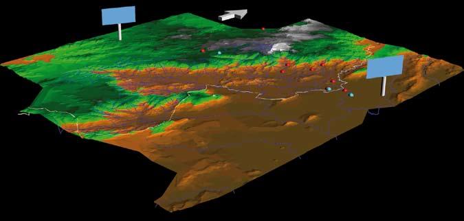 The effect of orograghy on rainfall is more pronounced in the upper reaches of the basin where there is a rapid increase in altitude, as shown in the 3D model below to the right.