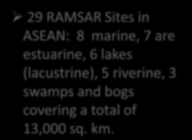 RAMSAR Sites in ASEAN 29 RAMSAR Sites in ASEAN: 8 marine, 7 are estuarine, 6