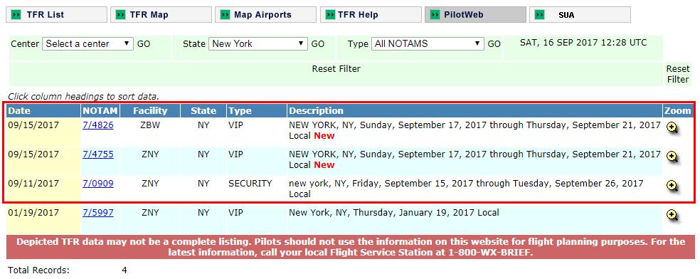 Search for TFRs published for New York, NY o Open your web browser o Enter http://tfr.faa.