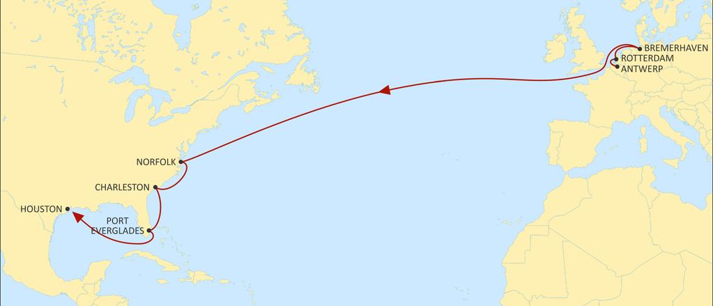 TRANSATLANTIC NORTH EUROPE NEUATL1 WESTBOUND Faster transit times from all North European ports to Houston. Faster transit times from Bremerhaven to Norfolk.